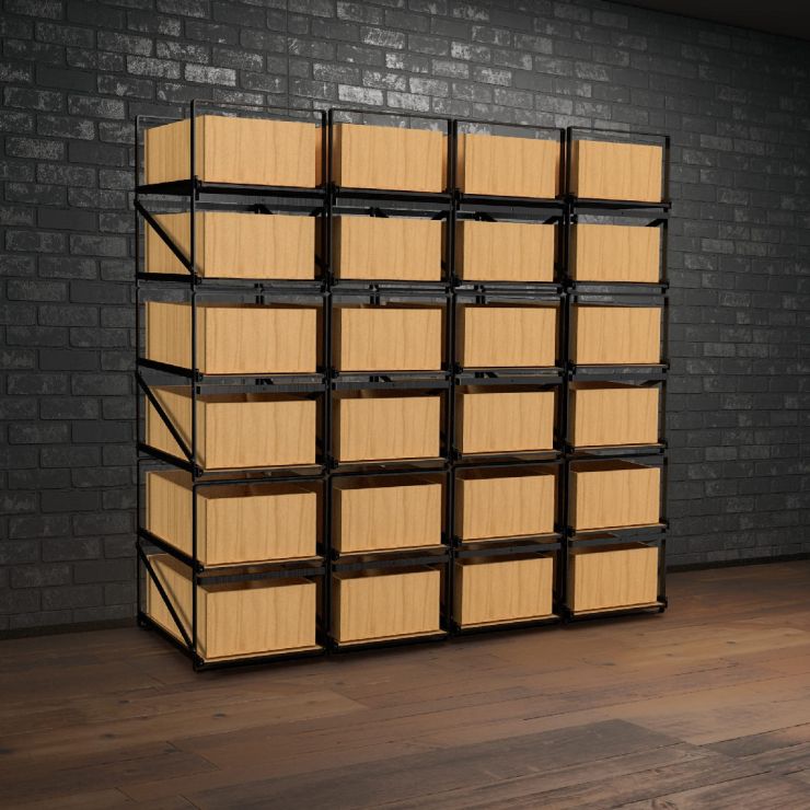 Lagersystem für Weinkisten mit jeweils 12 Flaschen