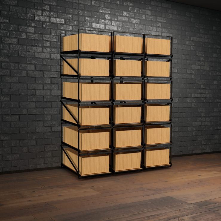 Lagersystem für Weinkisten mit jeweils 12 Flaschen