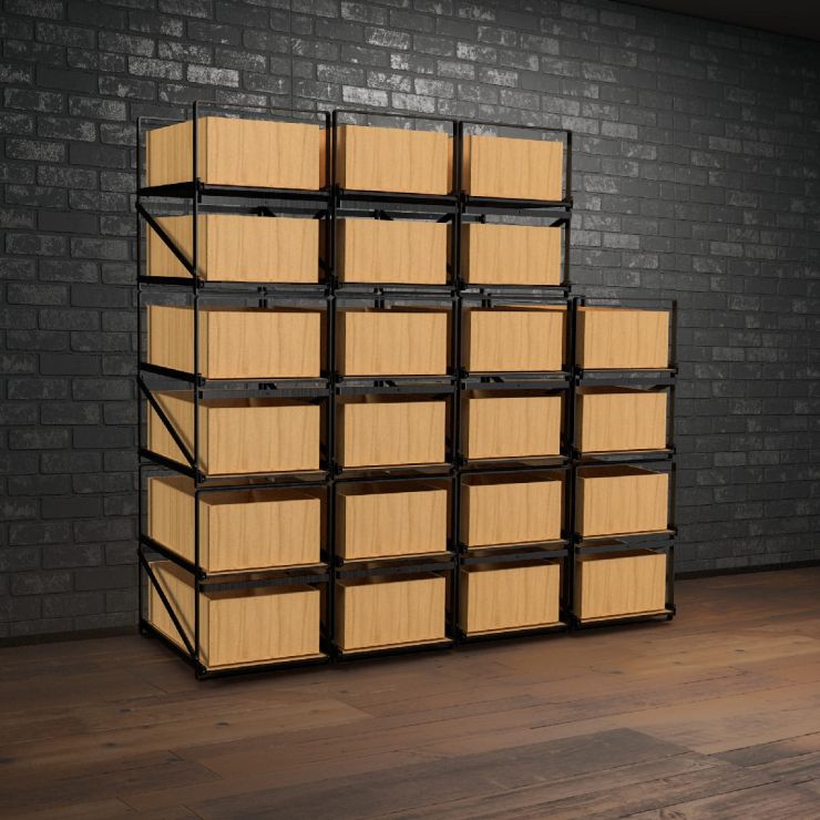 Lagersystem für Weinkisten mit jeweils 12 Flaschen