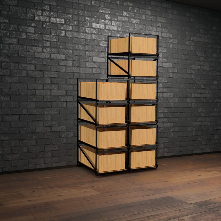 Lagersystem für Weinkisten mit jeweils 12 Flaschen