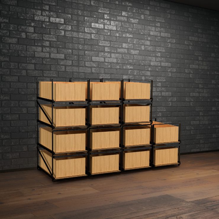 Lagersystem für Weinkisten mit jeweils 12 Flaschen