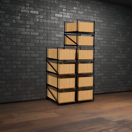 Lagersystem für Weinkisten mit jeweils 12 Flaschen