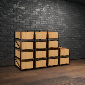 Lagersystem für Weinkisten mit jeweils 12 Flaschen