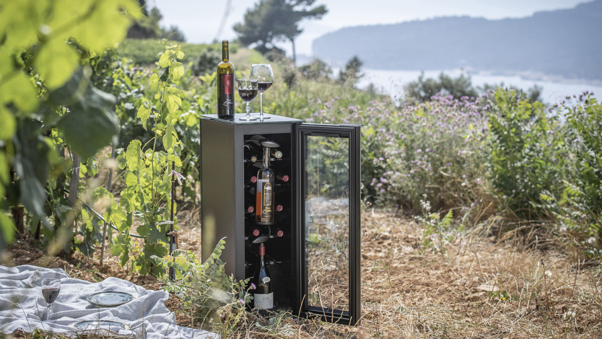 Ein Vergnügen, während eines Mittagessens im Gras ein Glas Wein mit der richtigen Temperatur zu genießen. - Weinbar EuroCave Tête à Tête