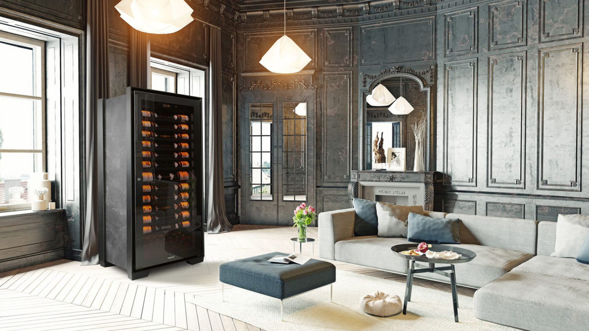 Foto eines gehobenen Weinklimaschranks in einem luxuriösen Haussmann-Wohnzimmer mit antikem Marmorkamin und Fischgrätenparkettboden. - EuroCave Royal Collection
