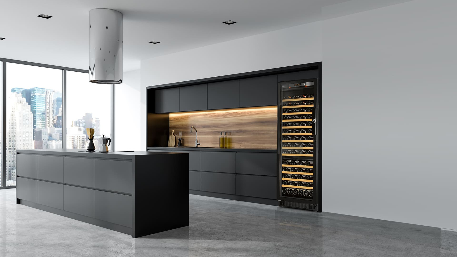 Großer eingebauter Weinkhülschrank mit mehreren Temperaturen, Glastür und verschiebbaren Holzregalen mit großer Lagerkapazität für Weinflaschen. Compact EuroCave Großer eingebauter Weinkhülschrank mit mehreren Temperaturen, Glastür und verschiebbaren Holzregalen mit großer Lagerkapazität für Weinflaschen. Compact EuroCave