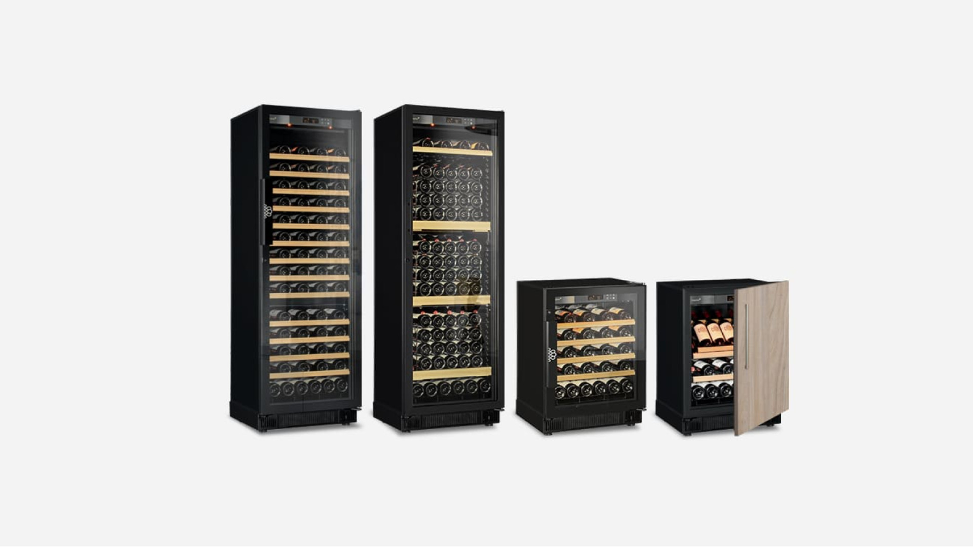 Auswahl an kompakten Einbau-Weinschränken, klein und groß, Service- oder Reifekeller, Tür wahlweise verglast oder technisch undurchsichtig. Compact EuroCave Auswahl an kompakten Einbau-Weinschränken, klein und groß, Service- oder Reifekeller, Tür wahlweise verglast oder technisch undurchsichtig. Compact EuroCave