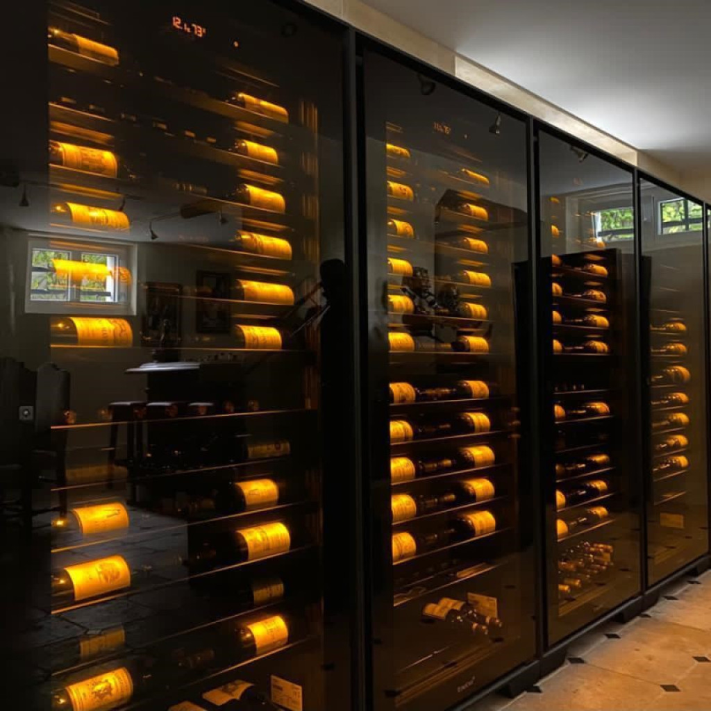 Wand aus 1-Temperatur-Weinkellern mit allen Optionen zur hervorragenden Veredelung von Jahrgängen. Hinterleuchtete Regale und Lichtleiste, Premium-Services.