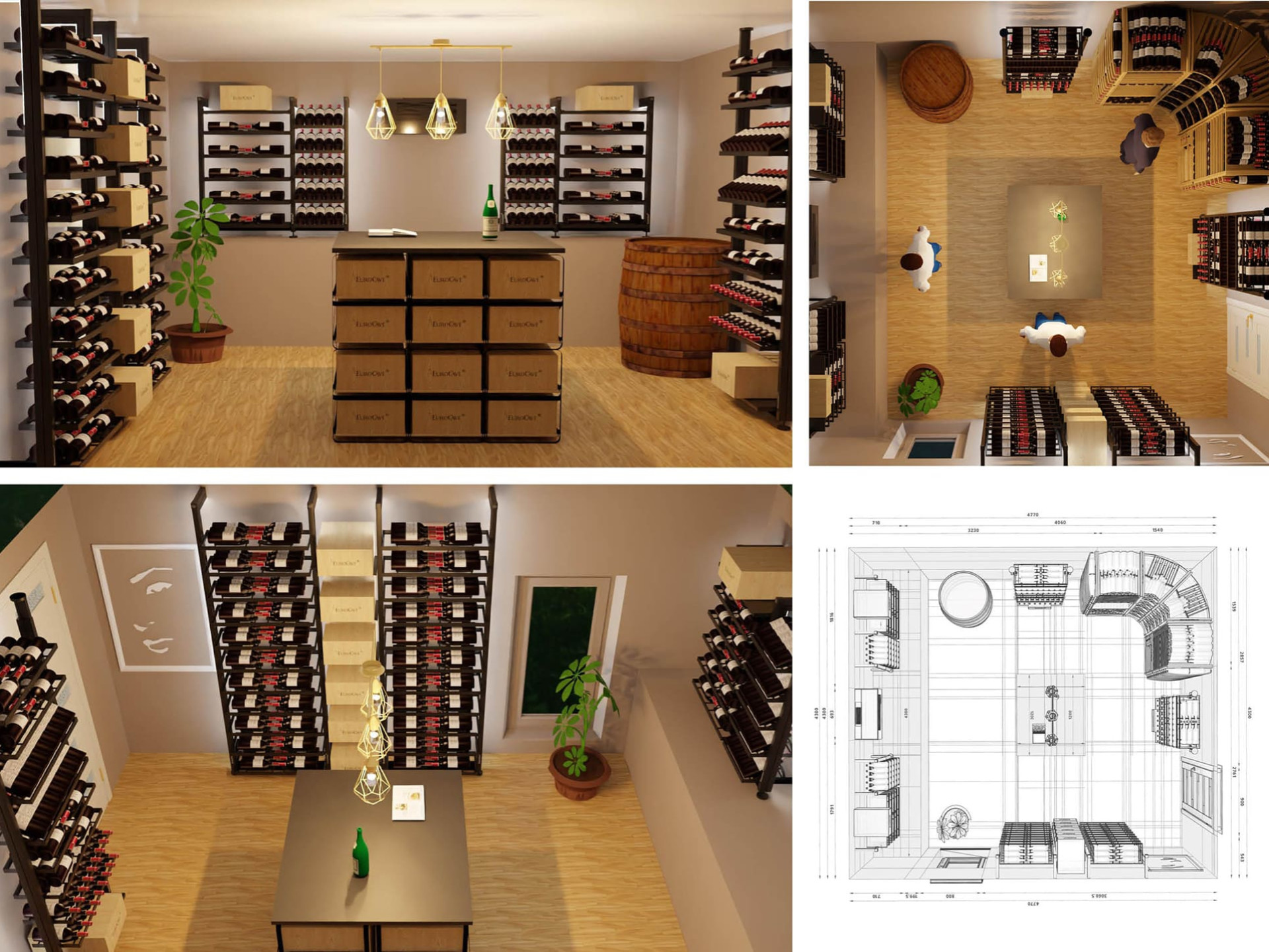 3D-Ansicht mit realistischer Darstellung eines individuellen Weinkellerprojekts und Konfiguration der Varianten von Weinregalsystemen. Weinkellereinrichtung.
