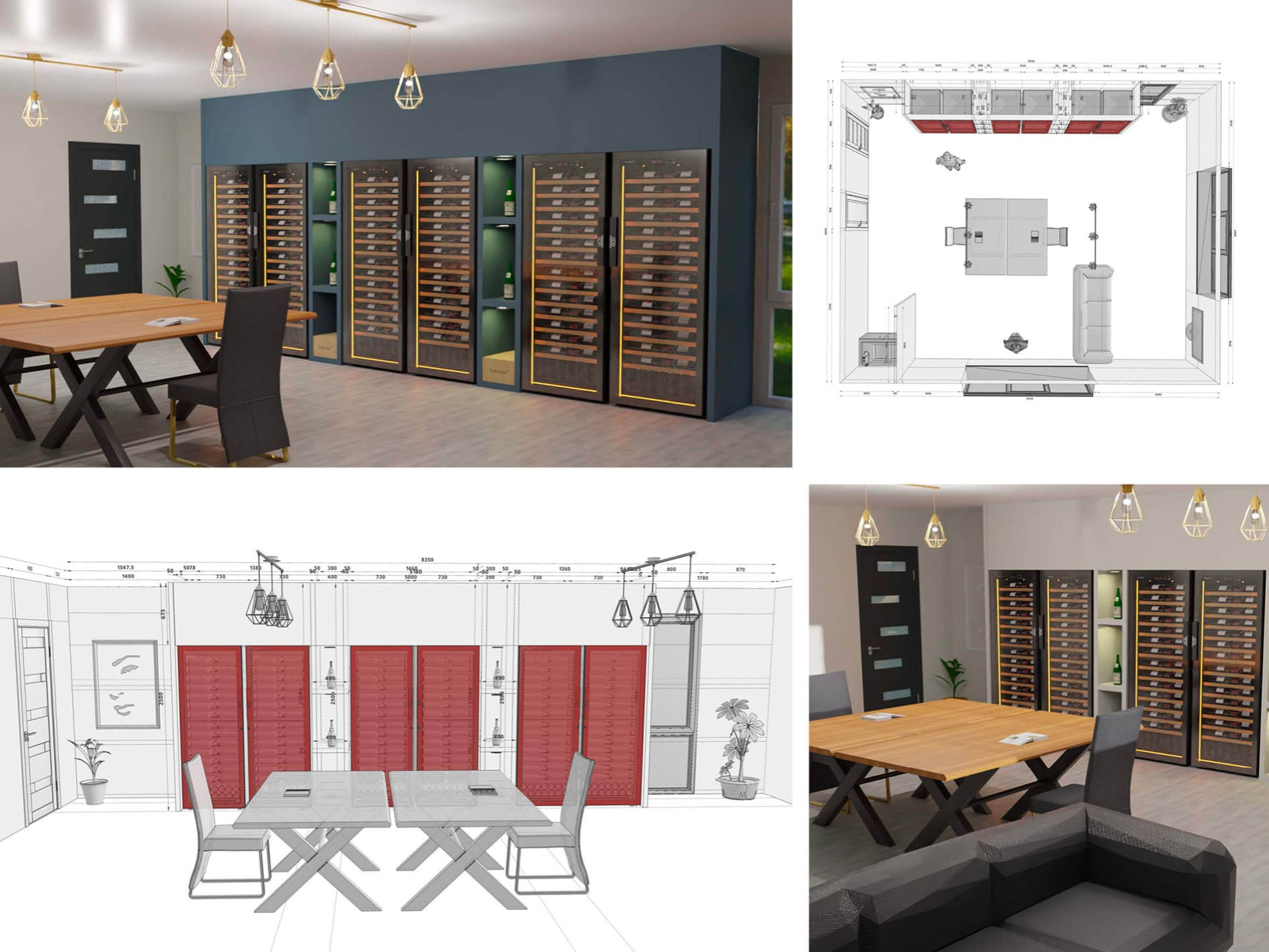Realistische 3D-Ansichten, um eine bessere Vorstellung von einem Innenraumgestaltungsprojekt mit Einbau eines Weinklimaschranks in ein Möbelstück nach Maß zu gewinnen.