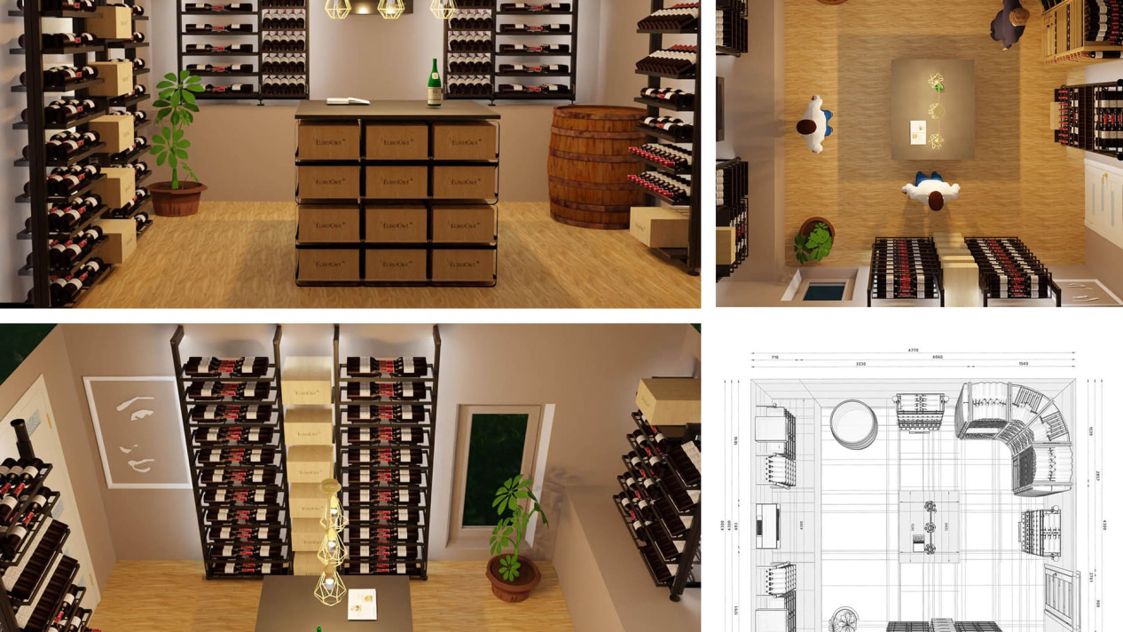 3D-Ansicht mit realistischer Darstellung eines individuellen Weinkellerprojekts und Konfiguration der Varianten von Weinregalsystemen. Weinkellereinrichtung. 3D-Ansicht mit realistischer Darstellung eines individuellen Weinkellerprojekts und Konfiguration der Varianten von Weinregalsystemen. Weinkellereinrichtung.