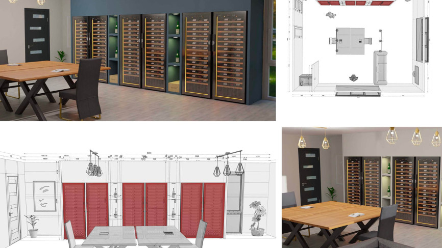 Realistische 3D-Ansichten, um eine bessere Vorstellung von einem Innenraumgestaltungsprojekt mit Einbau eines Weinklimaschranks in ein Möbelstück nach Maß zu gewinnen. Realistische 3D-Ansichten, um eine bessere Vorstellung von einem Innenraumgestaltungsprojekt mit Einbau eines Weinklimaschranks in ein Möbelstück nach Maß zu gewinnen.