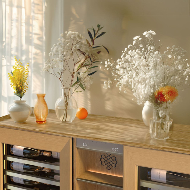 Weinkellermöbel Glastür 2 Temperaturzonen, Holzfurnier helle Eiche