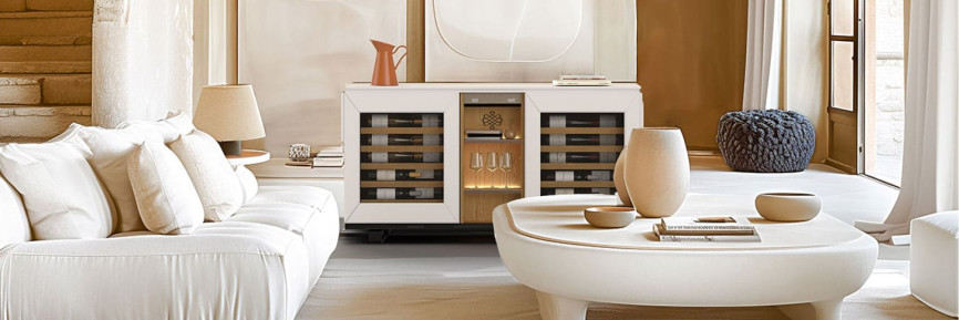 Weinbuffetschrank mit 2 integrierten gekühlten Weinkellerfächern, damit der Wein mit Trinktemperatur immer griffbereit ist. Weinbuffetschrank mit 2 integrierten gekühlten Weinkellerfächern, damit der Wein mit Trinktemperatur immer griffbereit ist.