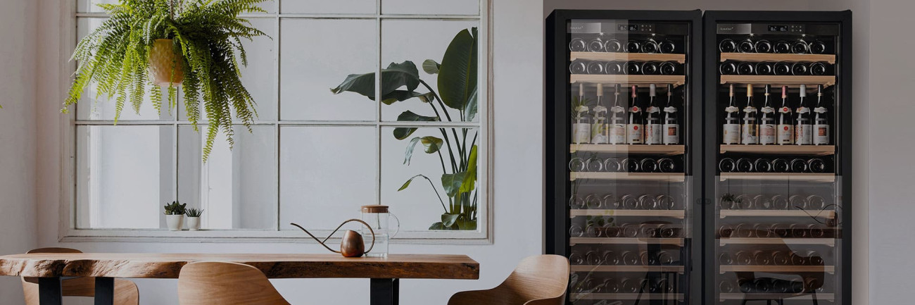 Double cave à vin grande capacité EuroCave installée dans une niche dans le mur d'un salon