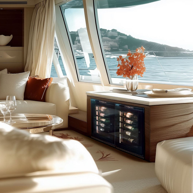 Doppelter EuroCave-Weinkühlschrank in ein Möbelstück an Bord einer Luxusyacht integriert, elegantes Design und optimale Weinlagerung. Doppelter EuroCave-Weinkühlschrank in ein Möbelstück an Bord einer Luxusyacht integriert, elegantes Design und optimale Weinlagerung.