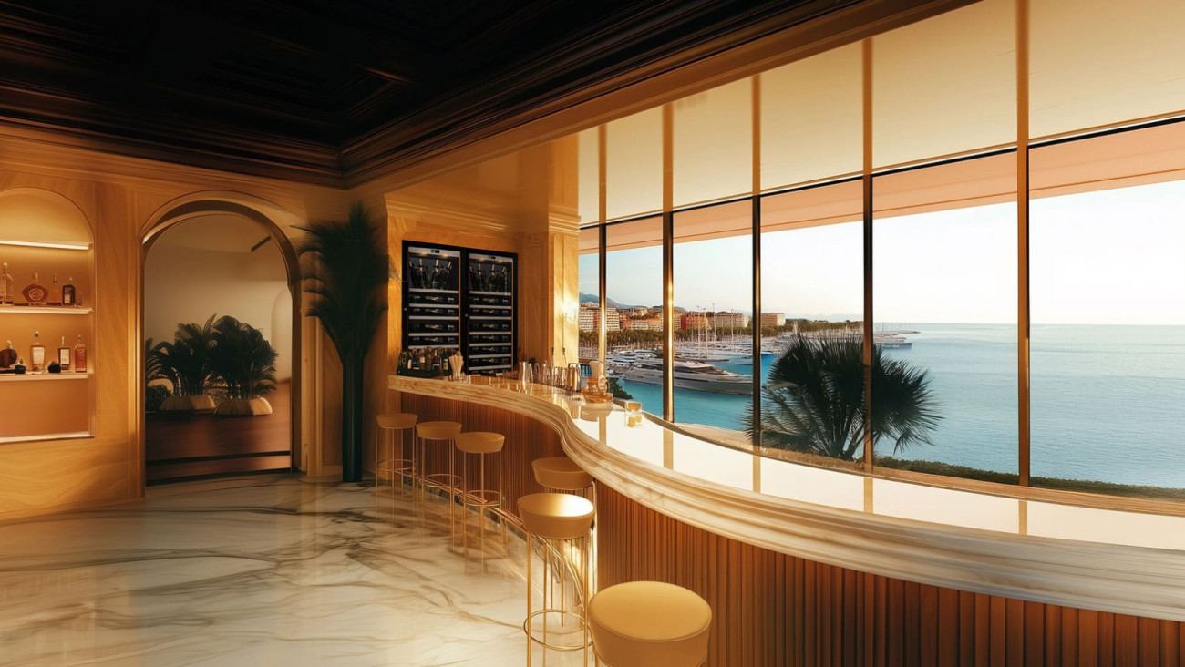 EuroCave-Champagnerkühlschrank auf einem Kreuzfahrtschiff, stilvolle Präsentation der Flaschen und harmonische Integration in das Bardesign. EuroCave-Champagnerkühlschrank auf einem Kreuzfahrtschiff, stilvolle Präsentation der Flaschen und harmonische Integration in das Bardesign.