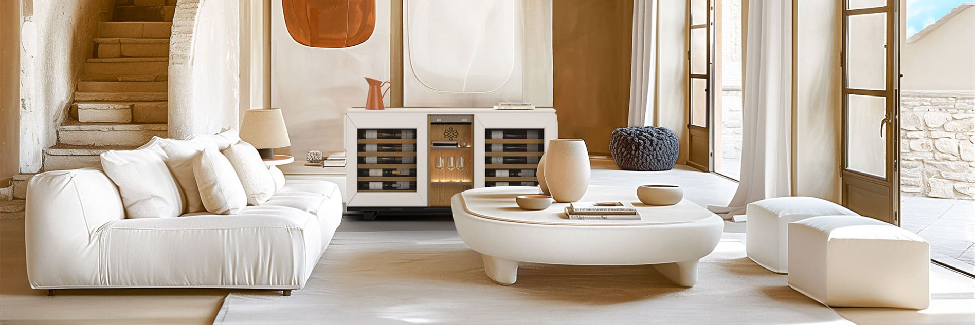 Weinmöbel – Weinklimaschrank Harmonie mit zwei Temperaturfächern in einem Wohnzimmer im Boho-Chic-Stil.