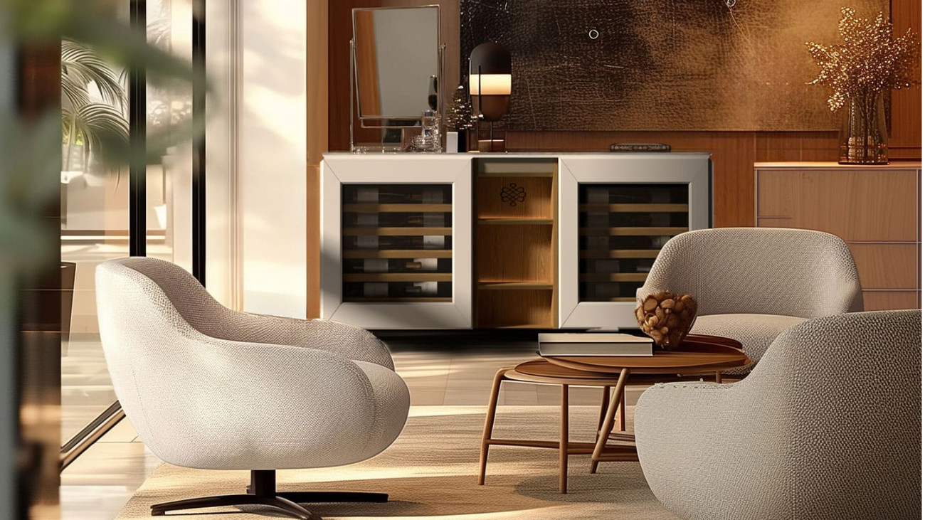 Horizontaler Weinkühlschrank EuroCave, Typ Weinspeisung, integriert in einen Wohnraum mit gemütlicher Inneneinrichtung