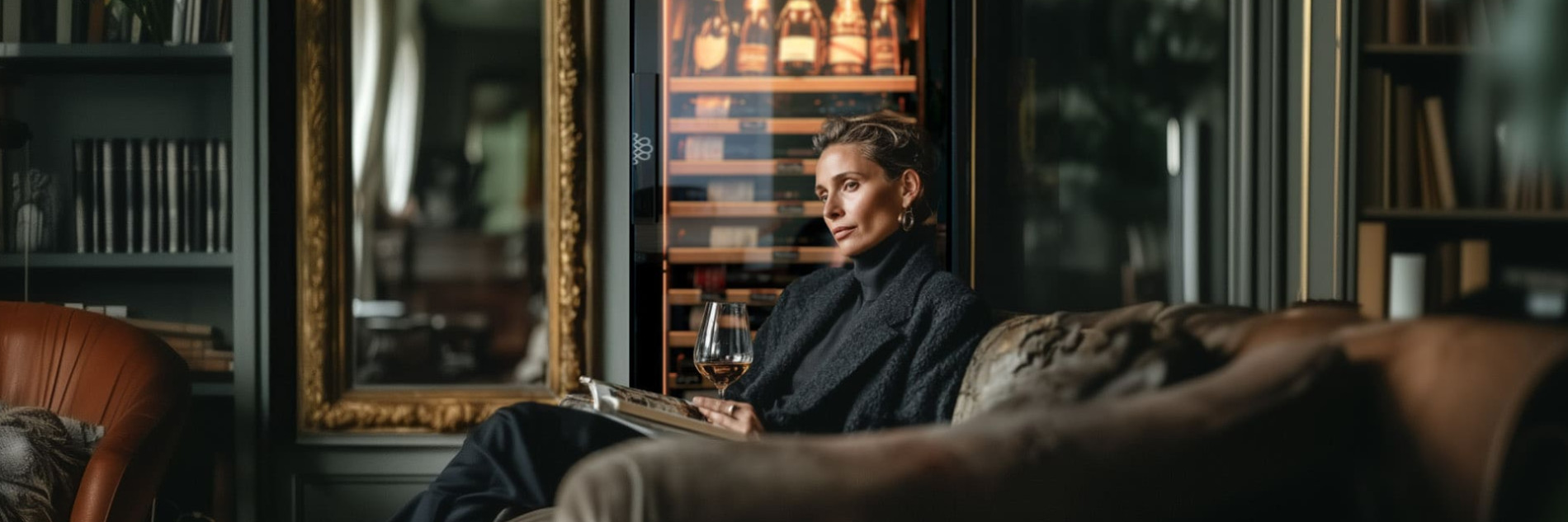 Weinliebhaber genießt ein Glas Wein bei einer Verkostung vor einem Weinkühlschrank