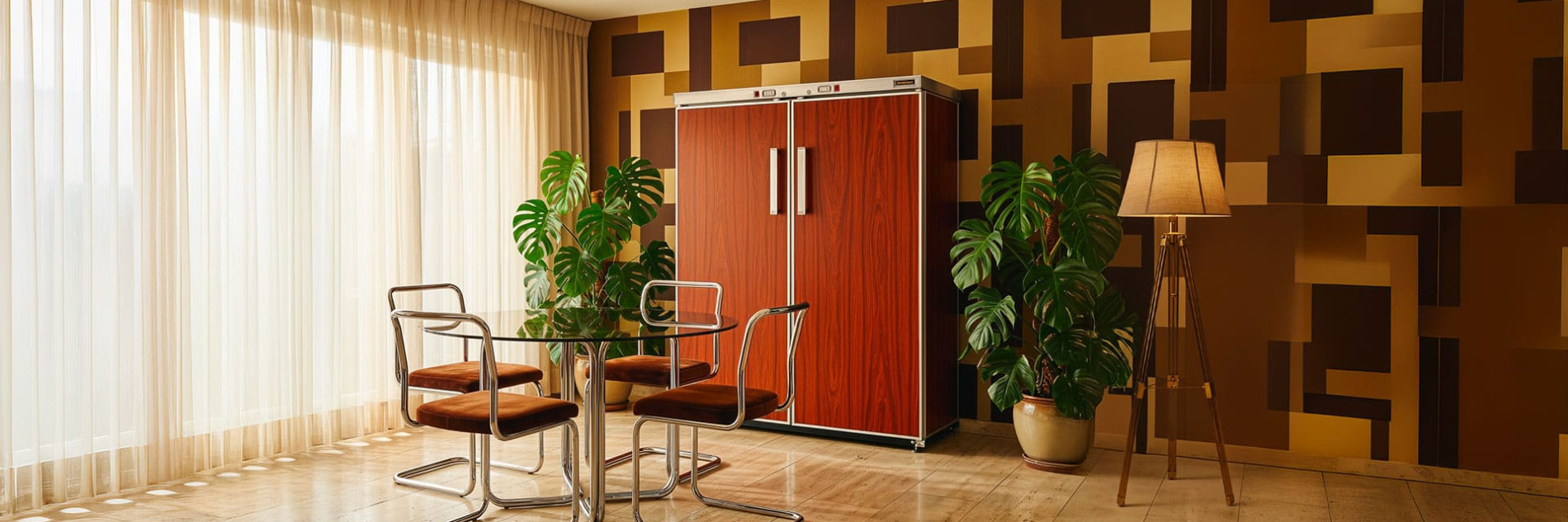 Vintage Innenraum mit Holzoptik bei frühen Weinkühlschränken