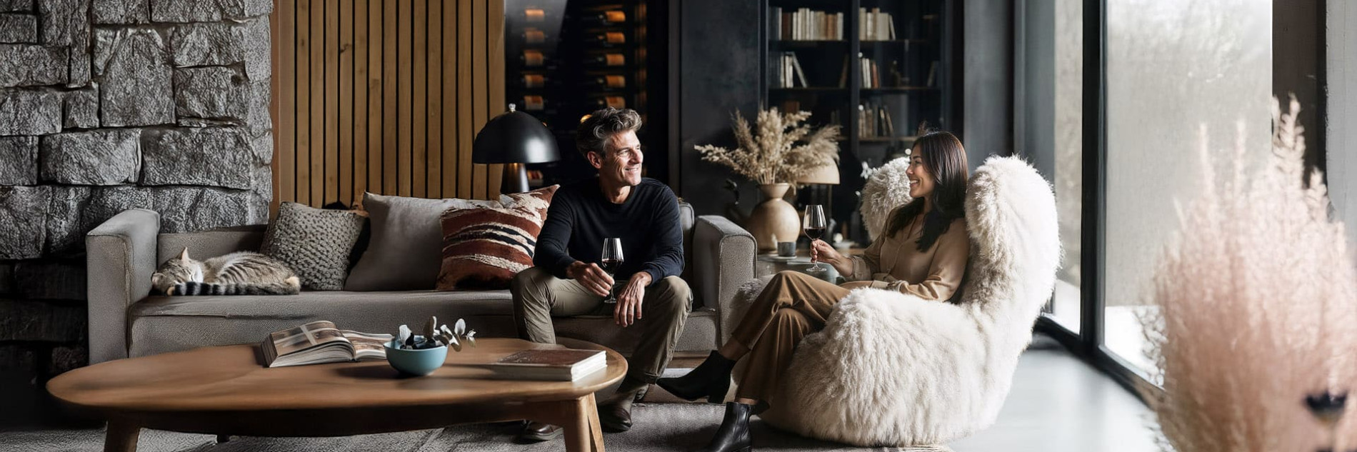 Weinliebendes Paar teilt einen leidenschaftlichen Moment bei einem Glas Wein