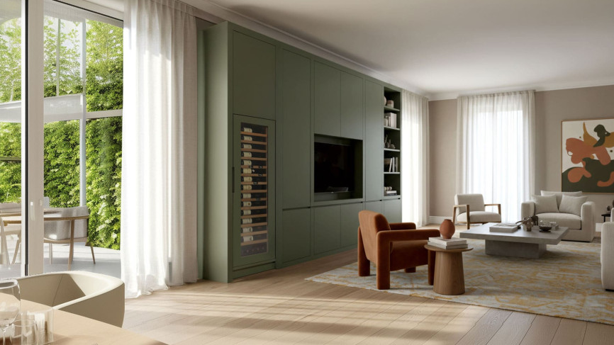 Intégration murale d'une cave a vin de vieillissement Inspiration dans un meuble sur mesure dans un salon.