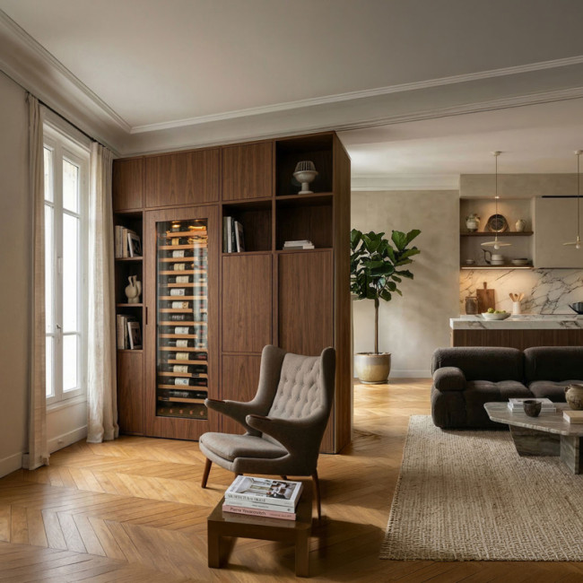 Großer Weinkühlschrank der EuroCave Inspiration Kollektion mit technischer Glastür, integriert in ein maßgefertigtes Möbelstück in warmen Farbtönen, in einem haussmannschen Wohnzimmer.
